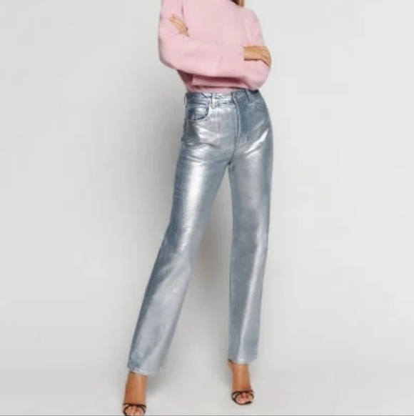 Reformation Cynthia High Rise Coated Straight Jeans in Silver NEW - Picture 1 of 13